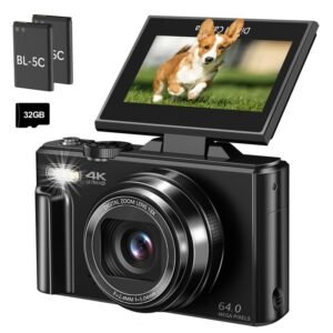 4K Digital Camera – 64MP with 3" 180° Flip Screen, 18X Zoom, 32GB SD Card & 2 Batteries, Perfect for Beginners